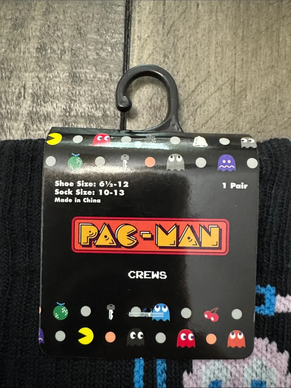 Men's Black Crew Socks with Iconic PAC-MAN Game Characters